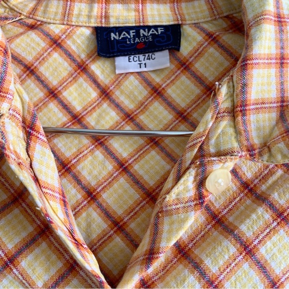 VINTAGE NAF NAF y2k retro short sleeve blouse button up top plaid Small pocket - Picture 6 of 9